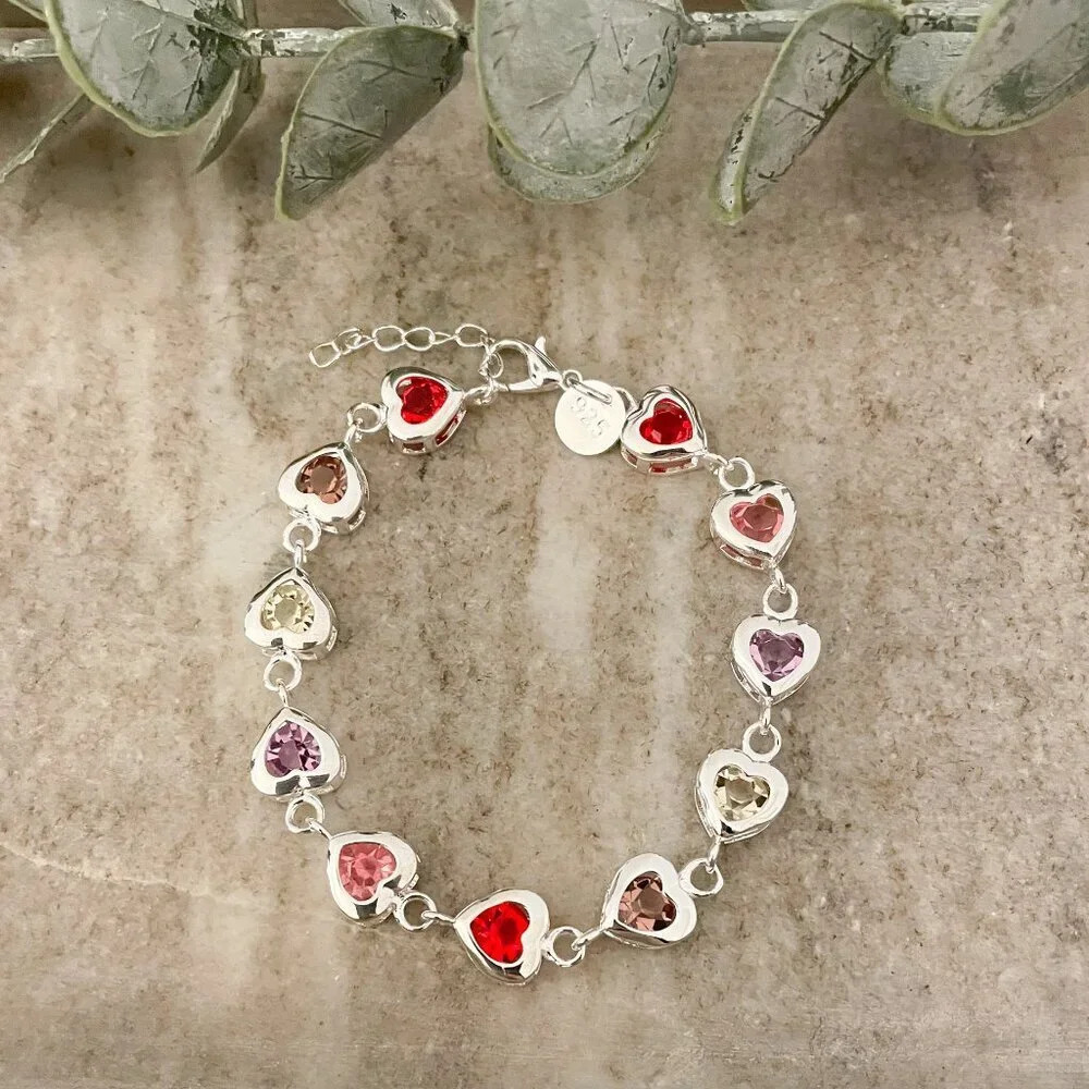 925 Sterling Silver Colorful Gems Heart Charm Bracelet Dainty Heart Bracelet - Picture 5 of 6